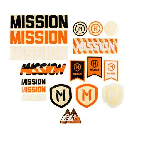 MISSION ASSORTED sticker set featuring various designs and colors with the word "MISSION" and shield logos.