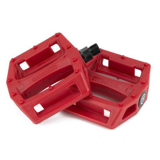 Red Mission Impulse Pedals with 12 traction pins per side and knurled nylon composite body for superior bike grip