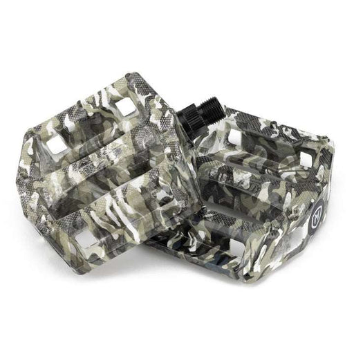 MISSION Impulse pedals with 12 traction pins, knurled concave nylon composite body, camo design, chromoly steel spindle, 9/16 inch size.