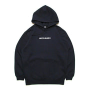 Black MOTO-BUNKA JBM 24 HOODIE with white text logo on front and hooded design