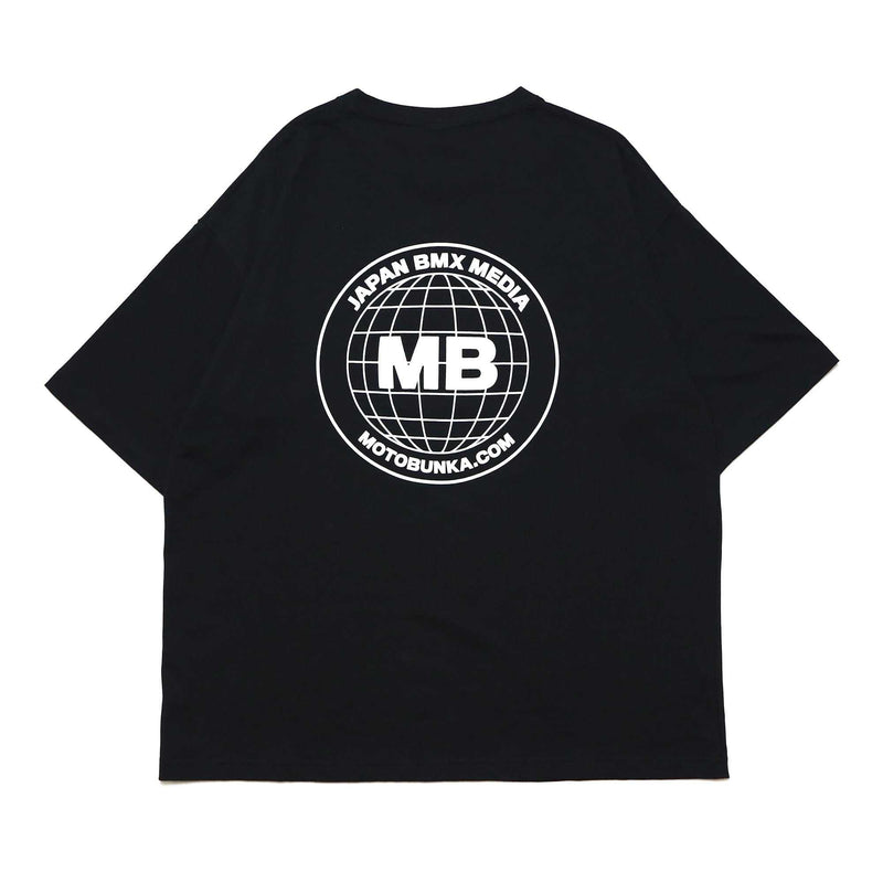 Black MOTO-BUNKA JBM 24 T-shirt with white Japan BMX Media globe logo on back, 100% cotton fabric, taped neck and shoulders, double seam sleeves and hem.
