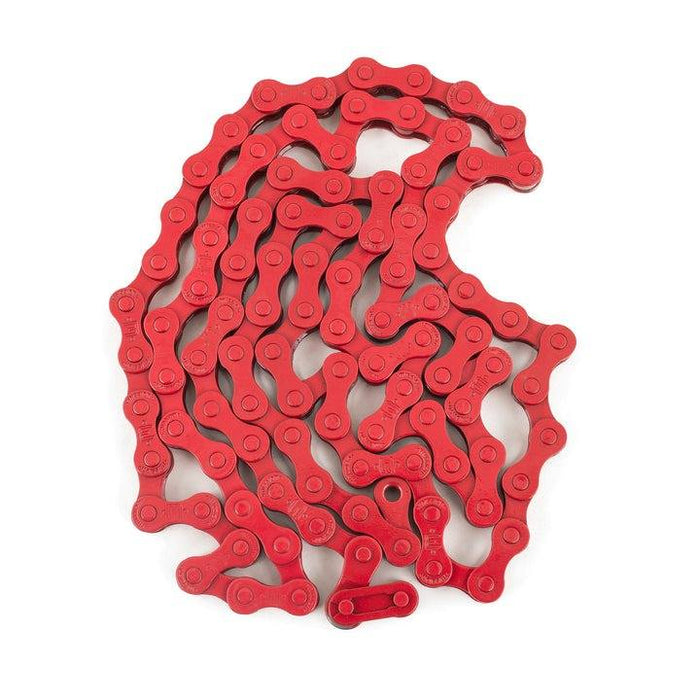 Red Mission 410 Chain with Teflon coating, 1/8 inch size, 100 links, includes master-link and half-link for easy installation.
