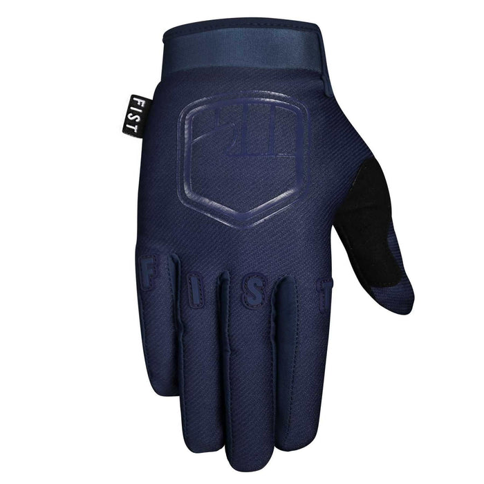 Navy FIST Stocker glove with breathable 4-way stretch spandex upper, single layer Clarino palm, and touchscreen conductive fingertips.