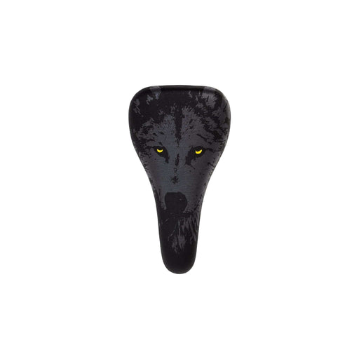 Dark grey Odyssey Nightwolf Aitken Pivotal bicycle seat with reflective wolf print and yellow eyes