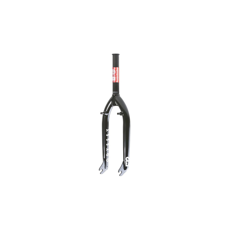 Black ODYSSEY F-32 freestyle bike fork with white branding on a white background