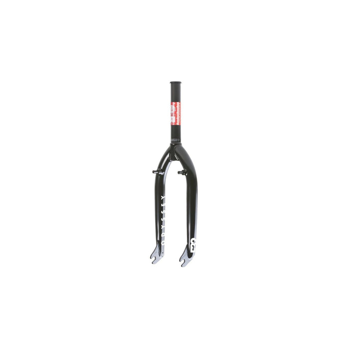 Black ODYSSEY F-32 freestyle bike fork with white branding on a white background