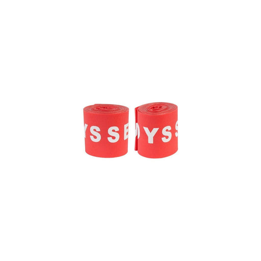 Red Odyssey rim strips for 20-inch BMX bike rims, 30mm wide, rolled and branded.