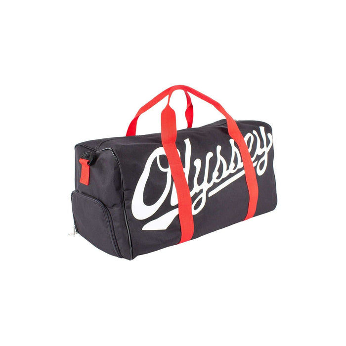 Black Odyssey duffler bag with red handles and white logo text