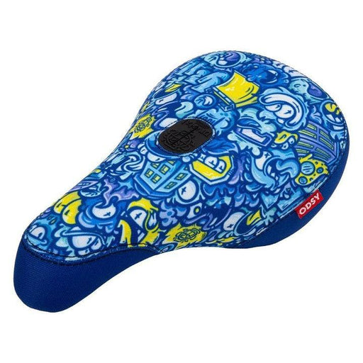 ODYSSEY YEAH! bike seat with vibrant blue and yellow graffiti-style design for BMX bikes