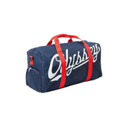 Navy blue Odyssey duffler bag with red handles and white logo text