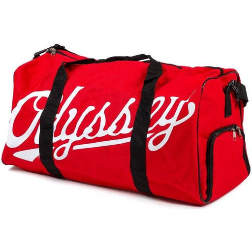 Red Odyssey duffler bag with black straps and white logo text on the side