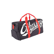 Black Odyssey duffler bag with red handles and white logo text