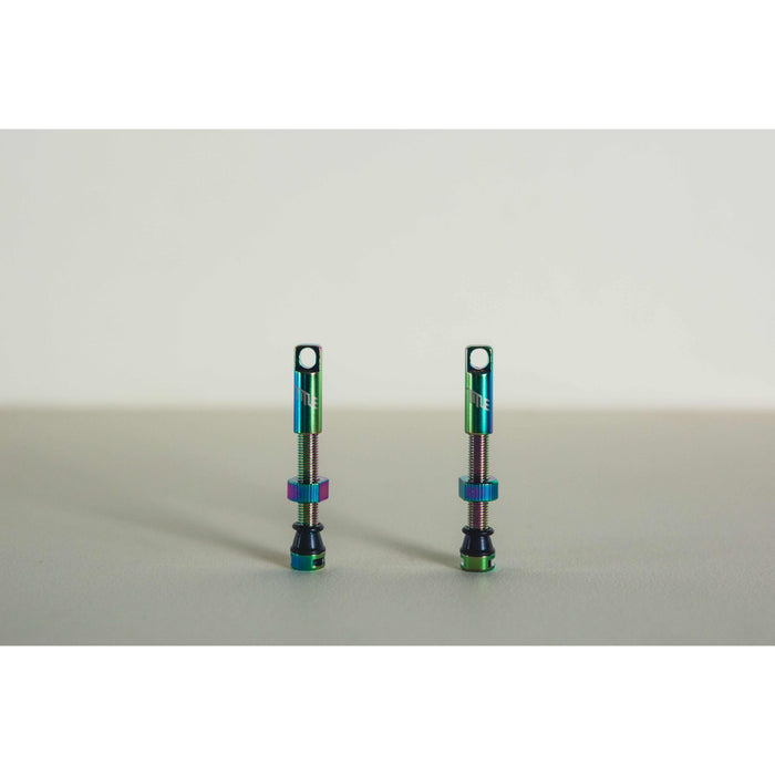 Set of two MTB tubeless presta valves with double air duct and metal caps, designed for easy installation and sealant blockage prevention.