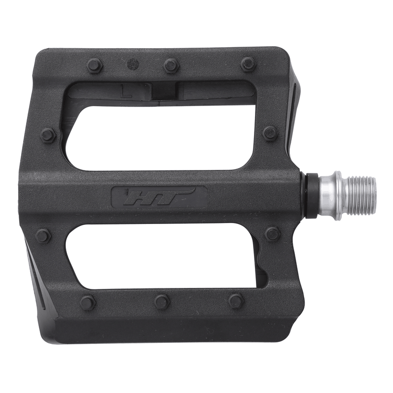 HT COMPONENTS PA12 PEDALS black nylon composite platform pedal with CNC machined Cromoly axle and 20 grip pins for MTB and gravel bikes
