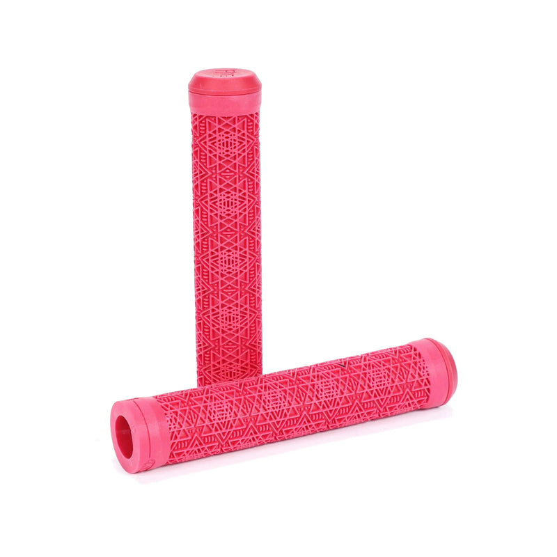 Red Fiend Palmere grips with tetrahedron rib pattern and nylon plug bar ends for bike handlebars