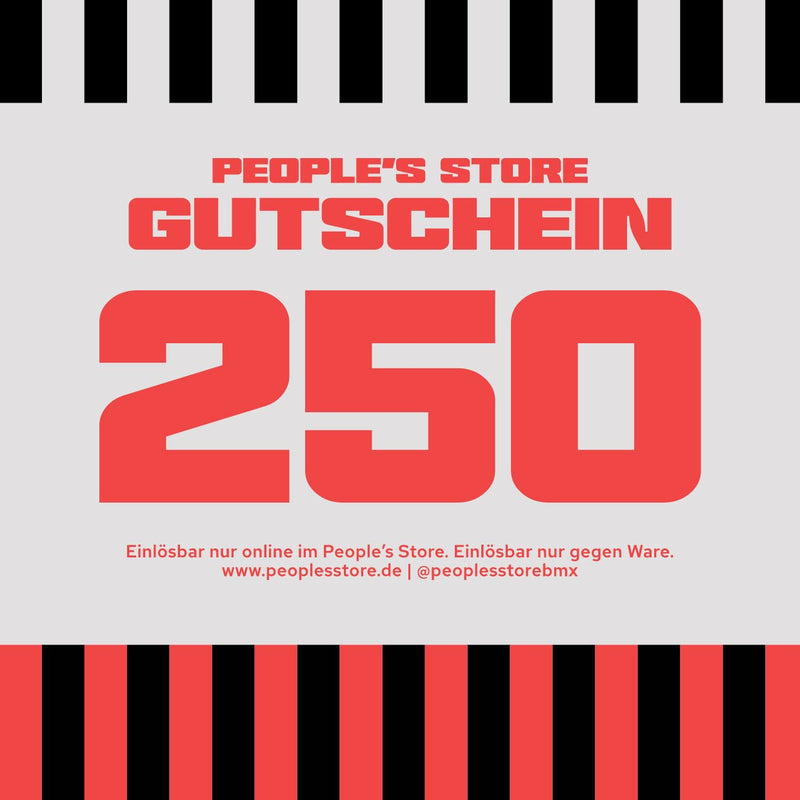 PEOPLE'S STORE Gift Card voucher with 250 value and bold red text on striped background
