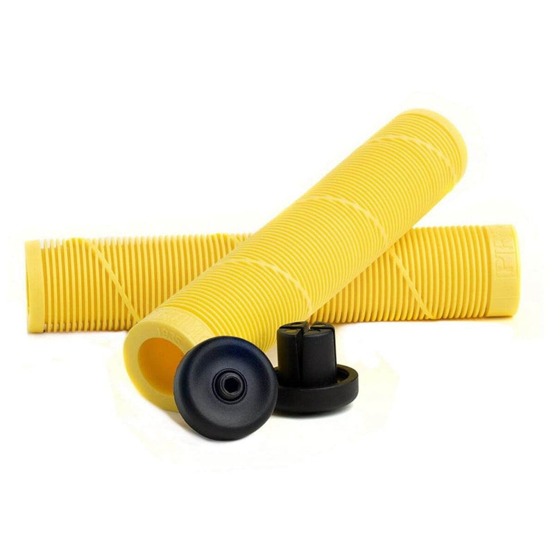 Yellow Primo Chase Grips with black end caps for BMX bike handlebars