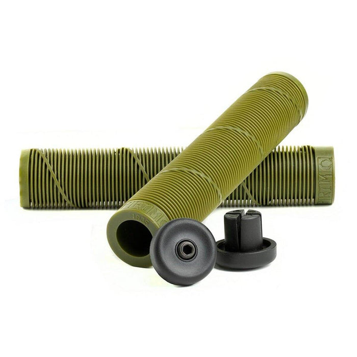 Primo Chase Grips Chase Dehart signature olive green BMX bike grips with ribbed texture and black bar ends.