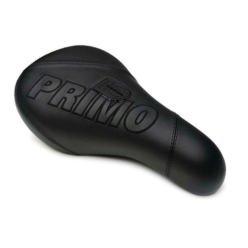Black PRIMO BREAKER PIVOTAL SEAT with thick padding and embossed Primo logo designed for BMX bikes.