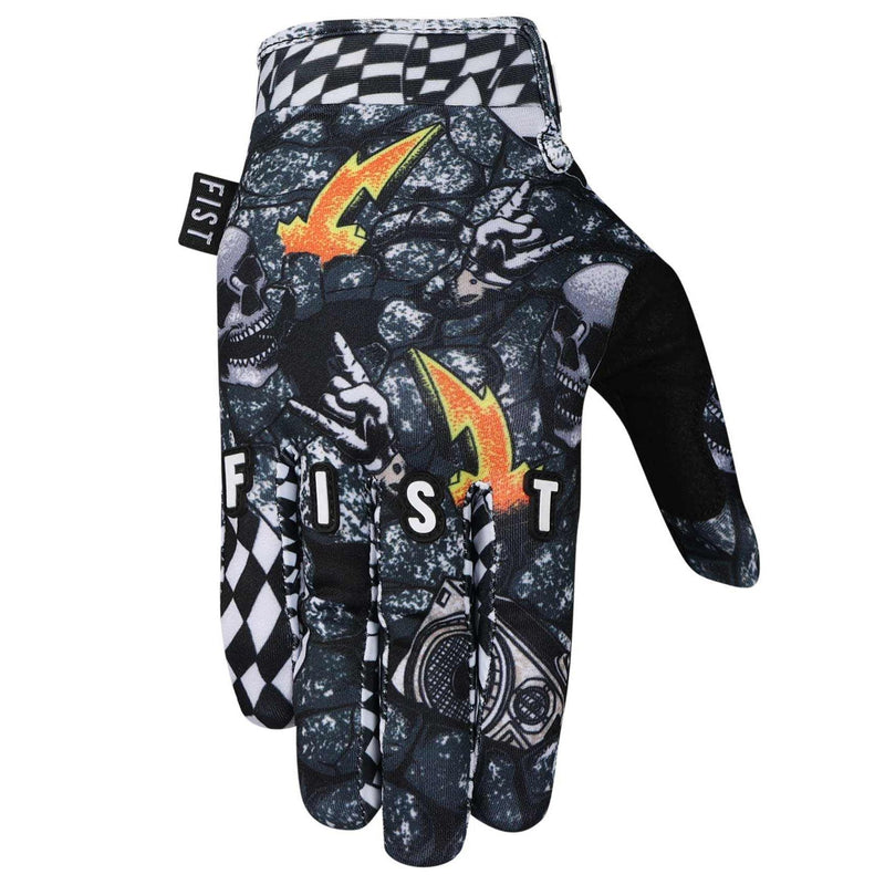 FIST grey strapped Quaker glove with skull and lightning bolt design, breathable stretch spandex upper, Clarino palm, touchscreen conductive fingers, and adjustable closure