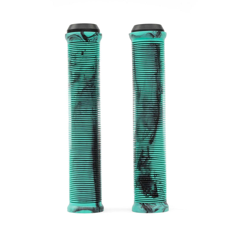 Pair of RADIO LOGIN XL GRIP bicycle handlebar grips in turquoise with black marbled design and ribbed texture, 160mm length.