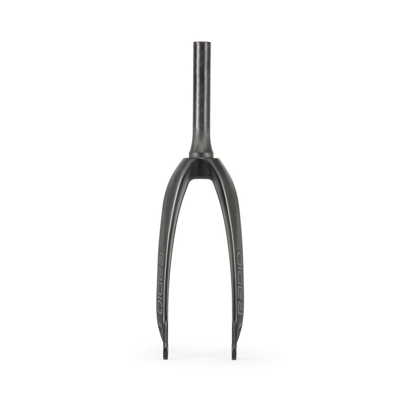 RADIO SOLAR CARBON lightweight BMX race fork made from Torayca carbon fiber with tapered steerer and 20mm dropouts in black with decals