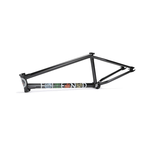 Fiend Raekes chromoly BMX bike frame with semi-transparent black finish and unique graphic details.