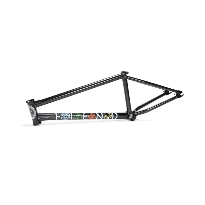 Fiend Raekes chromoly BMX bike frame with semi-transparent black finish and unique graphic details.