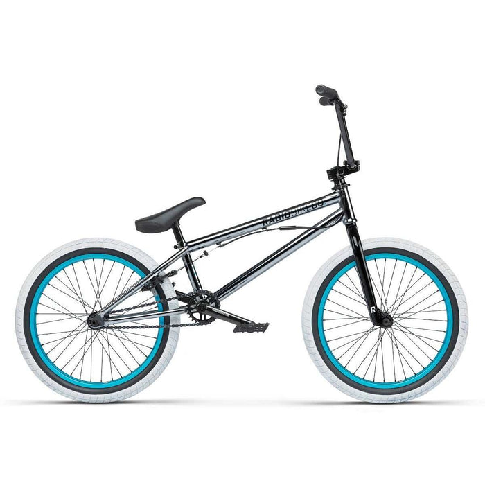 RADIO ASTRON FS complete black BMX bike with blue rim accents and white tires designed for technical skatepark riding.