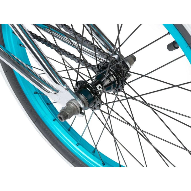Close-up of bright blue rim and black spokes wheel hub on RADIO ASTRON FS COMPLETE BIKE