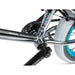 Close-up of RADIO ASTRON FS complete bike chrome frame with black crank and white tires with blue rims