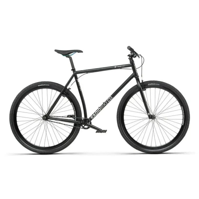 Black RADIO DIVIDE COMPLETE BIKE city bike with 700c wheels and street tough frame