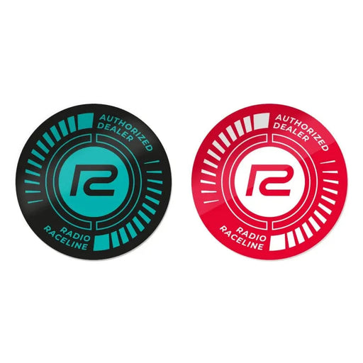 Two round RADIO RACE authorized dealer stickers in teal and red colors