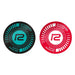 Two round RADIO RACE authorized dealer stickers in teal and red colors