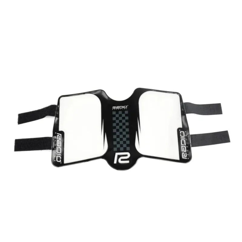 Radio Raceline Side Plate with durable polyester and sponge rubber backing, featuring black and white design with Velcro straps for easy mounting.