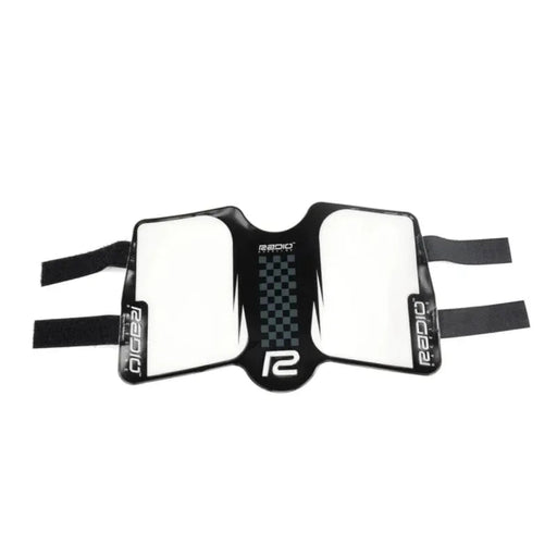 Radio Raceline Side Plate with durable polyester and sponge rubber backing, featuring black and white design with Velcro straps for easy mounting.