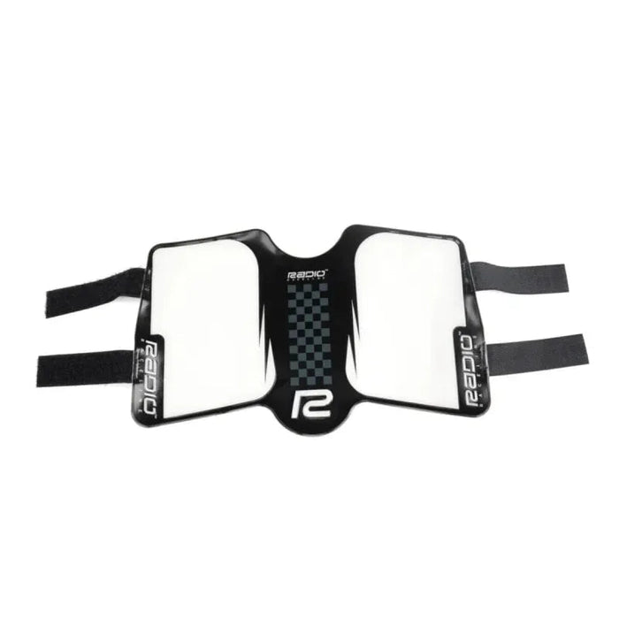 Radio Raceline Side Plate with durable polyester and sponge rubber backing, featuring black and white design with Velcro straps for easy mounting.