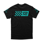 Black RADIO RACELINE BACK PRINT t-shirt with turquoise checkered logo on back and sleeves, short sleeve crew neck, 100% cotton, classic fit