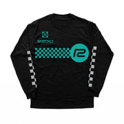 Black long sleeve RADIO RACELINE CHECKER t-shirt with teal and white checkered design and logo on front and sleeves