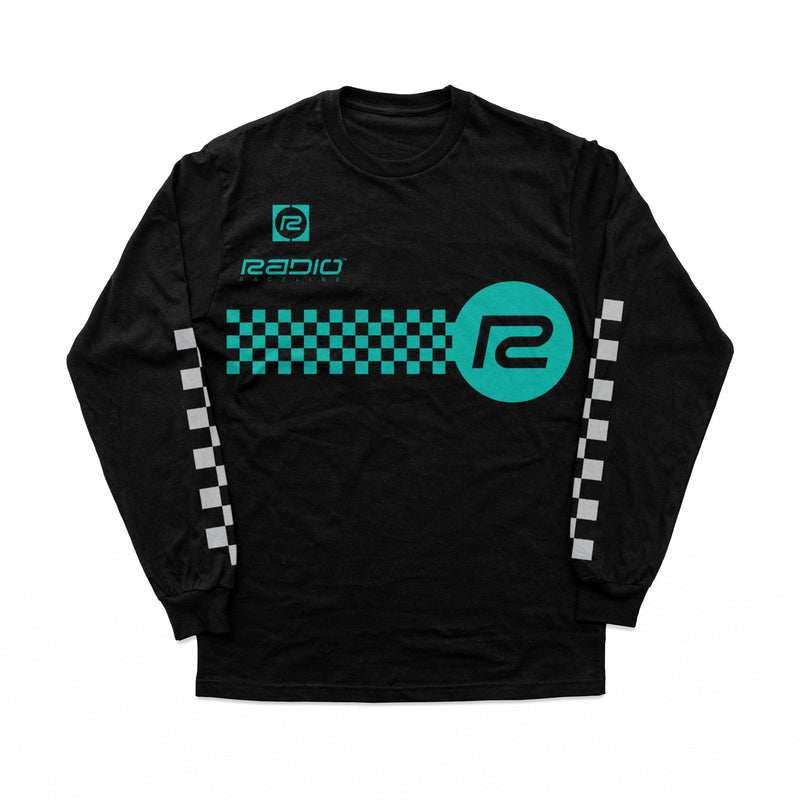Black long sleeve RADIO RACELINE CHECKER t-shirt with teal and white checkered design and logo on front and sleeves