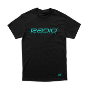Black RADIO RACELINE LOGO T-SHIRT with turquoise print, short sleeve crew neck, 100% cotton, classic fit