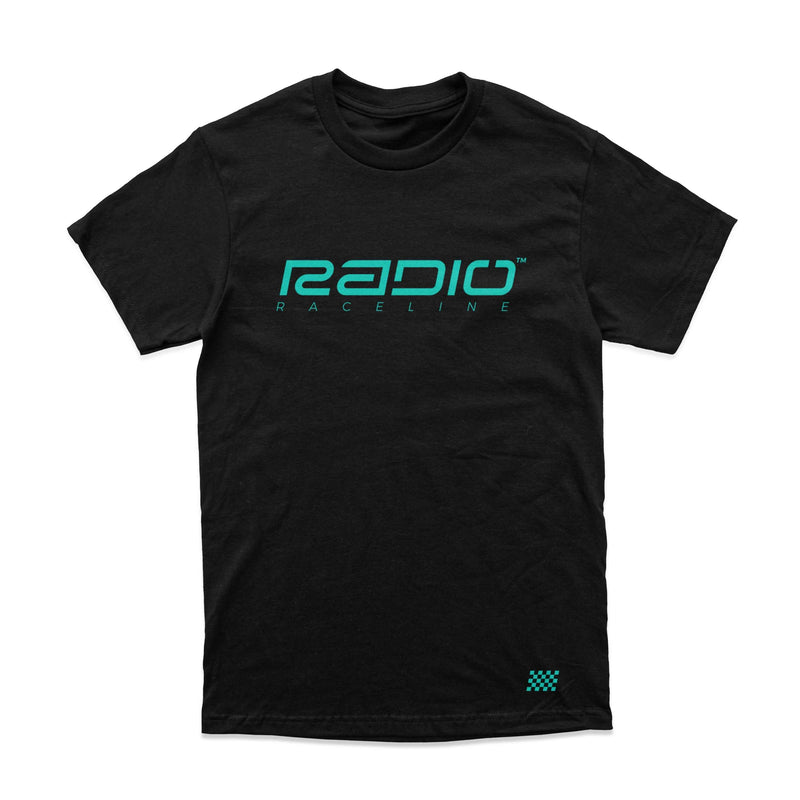 Black RADIO RACELINE LOGO T-SHIRT with turquoise print, short sleeve crew neck, 100% cotton, classic fit