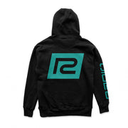 Black RADIO RACELINE TEAM pullover hoodie with teal logo on back and sleeve, 50% cotton 50% polyester blend, classic fit