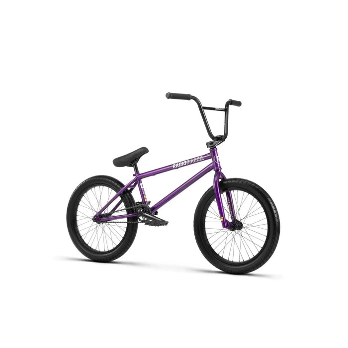 Purple RADIO DARKO BMX bike with black tires and flangeless grips designed for street riding