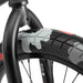 Close-up of RADIO DARKO bike front tire and black fork with camo pattern tire design and strong welds on frame