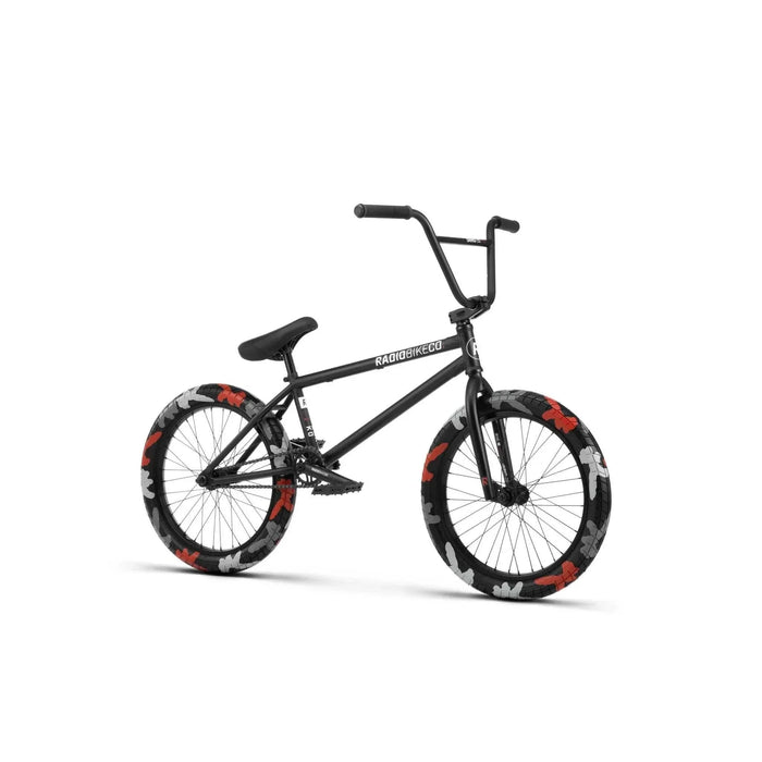 Black RADIO DARKO bike with floral patterned tires and sleek modern design for street riding