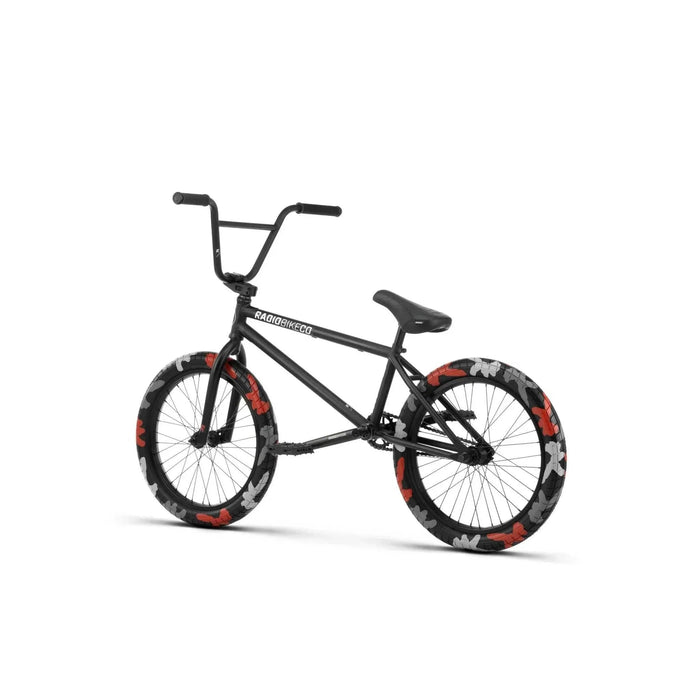 RADIO DARKO bike with black frame and unique red and white floral patterned tires designed for street riding