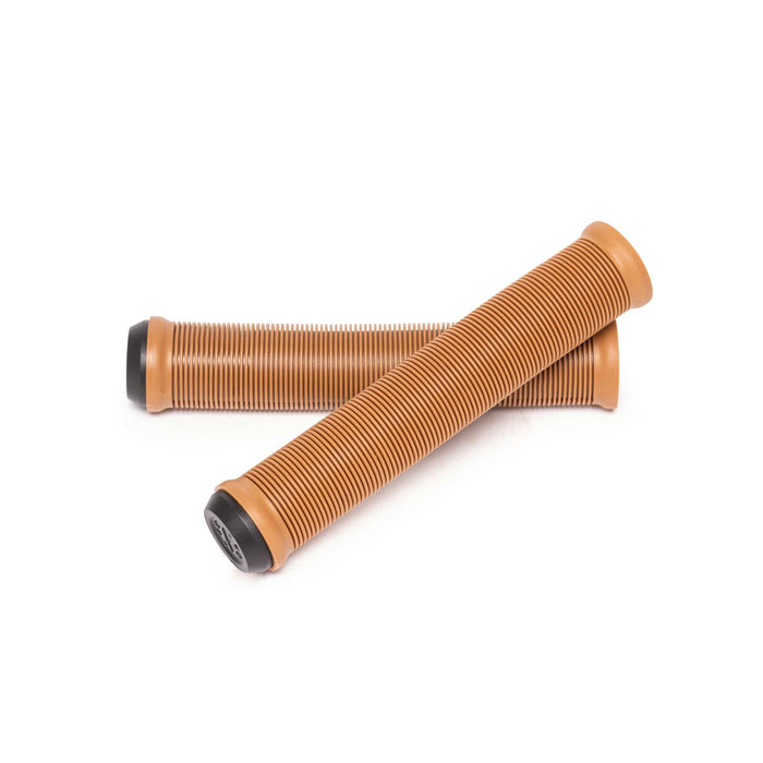 RADIO LOGIN XL GRIP brown ribbed BMX bike grips with black nylon bar ends and flangeless classic mushroom profile