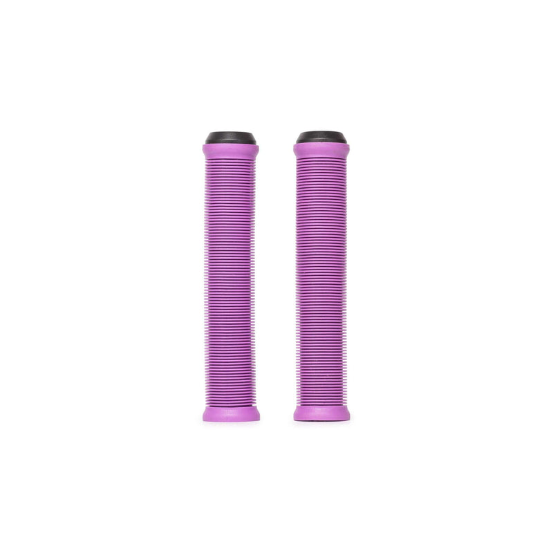 Pair of purple RADIO LOGIN XL GRIP bike grips with ribbed texture and black nylon bar ends