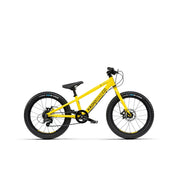 Yellow Radio Zuma 20 kids mountain bike with black tires and seat on a white background
